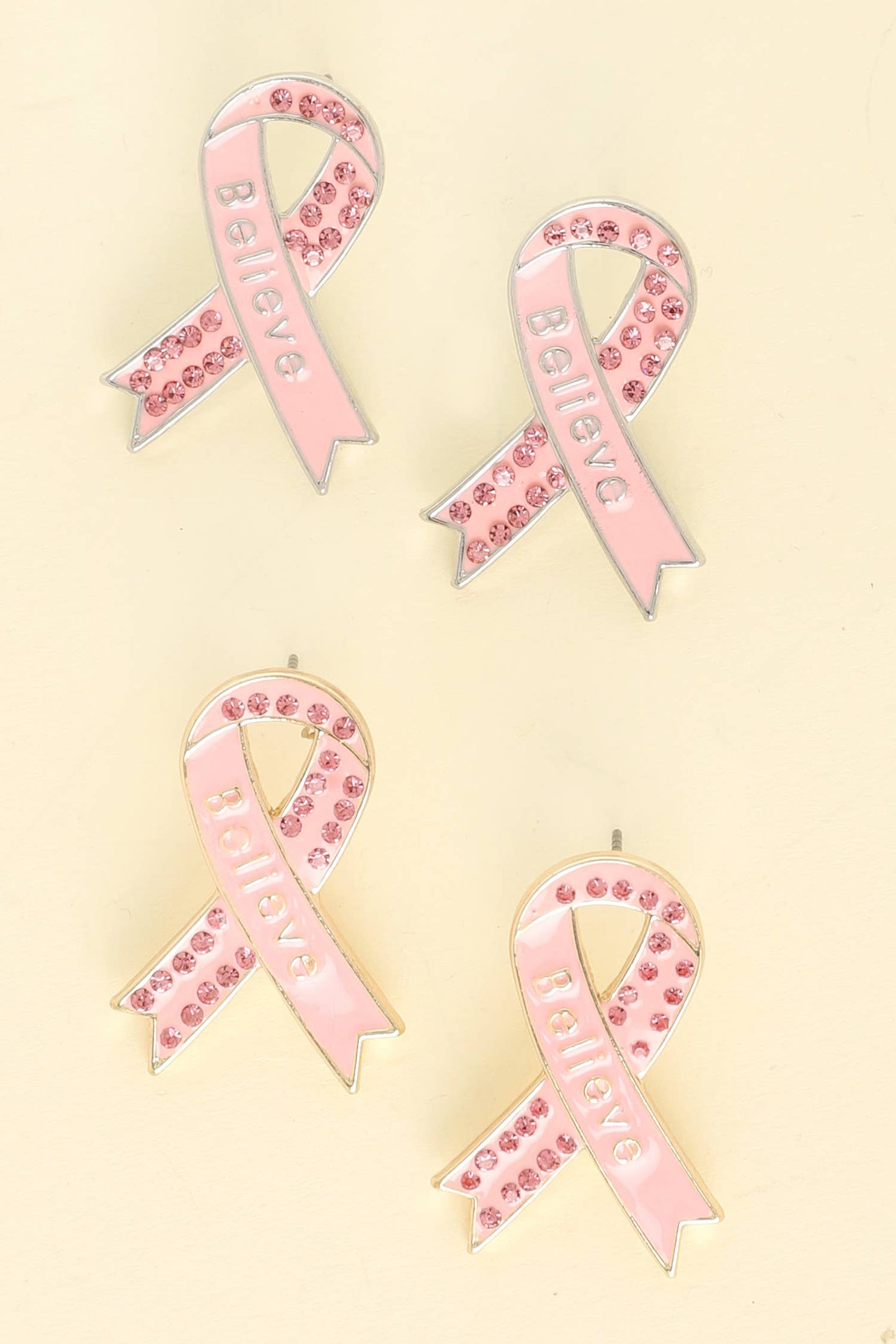 Breast Cancer Awareness Pink Ribbon Earrings : Silver