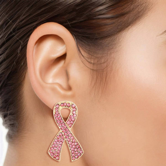 Gold Pink Ribbon Stud Earrings: Pink / Gold / 2 x 1.25 inches