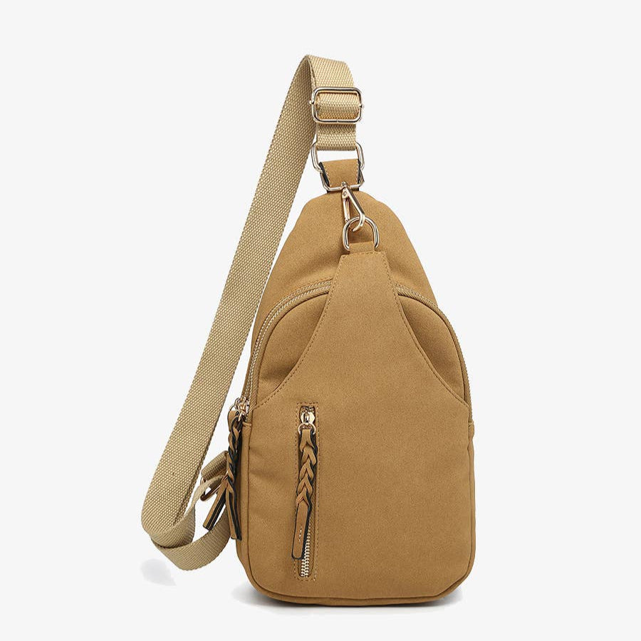 Faux Suede Dual Compartment Sling Pack Bag: Mustard