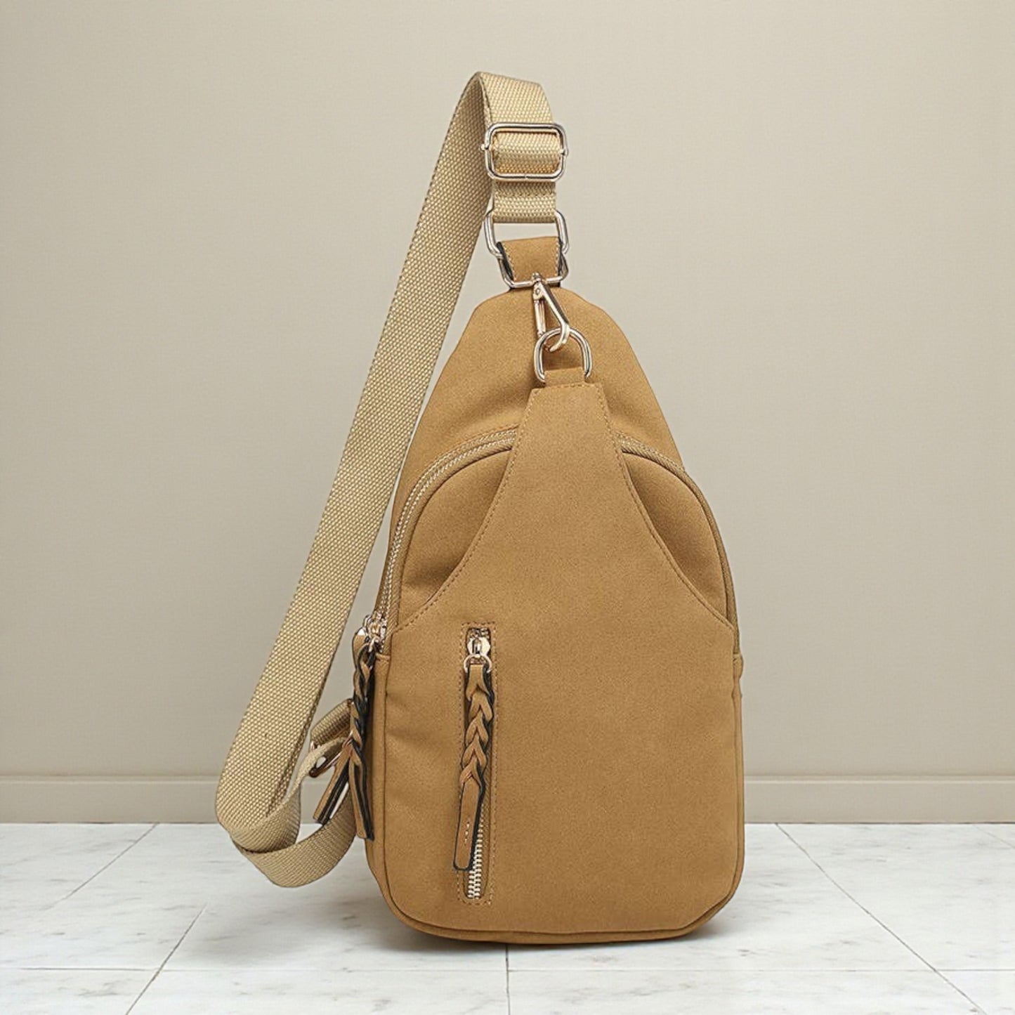 Faux Suede Dual Compartment Sling Pack Bag: Mustard