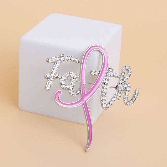 Pink Ribbon Silver Faith Brooch: Pink / Rhodium