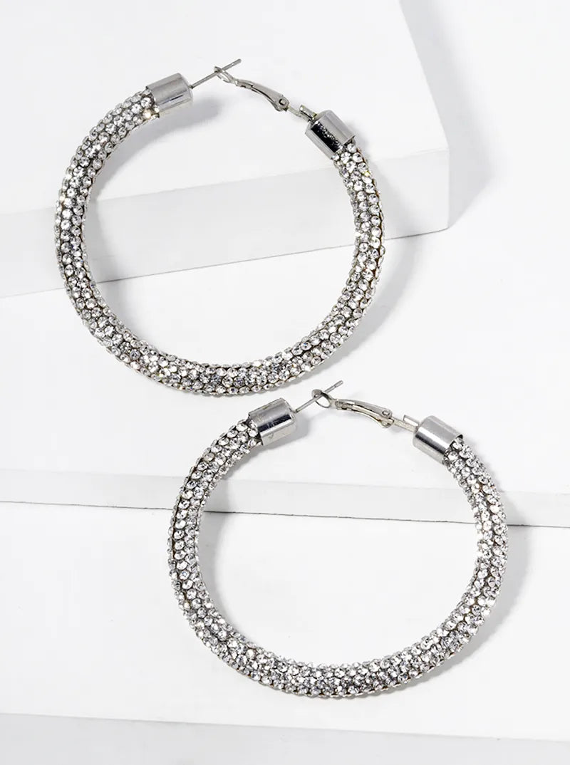 Round Hoop Rhinestone Tube Hinged Hoop Earrings - Clear