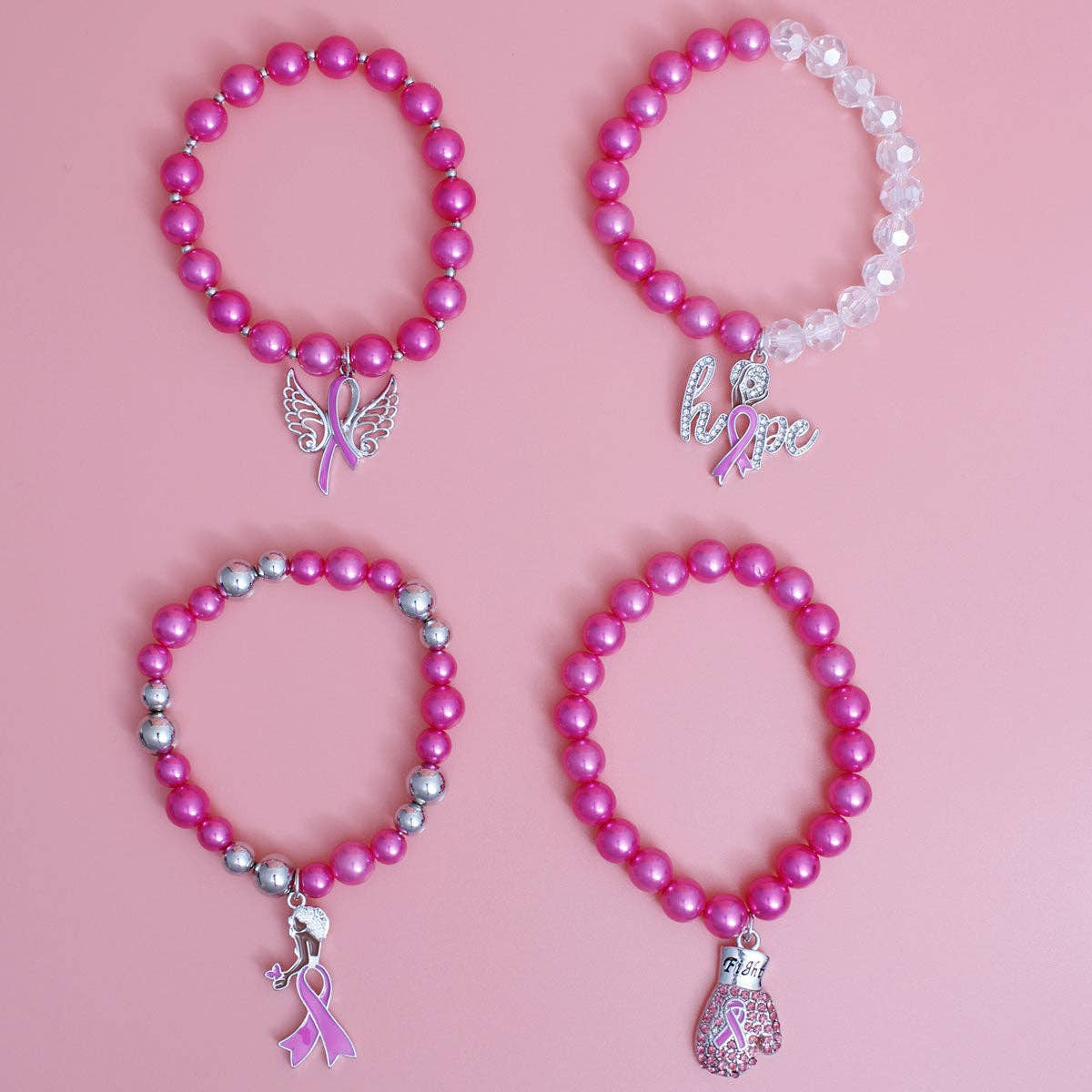 Pink Pearl Cancer Charm Bracelets: Pink / Pearl / Stretch to Fit