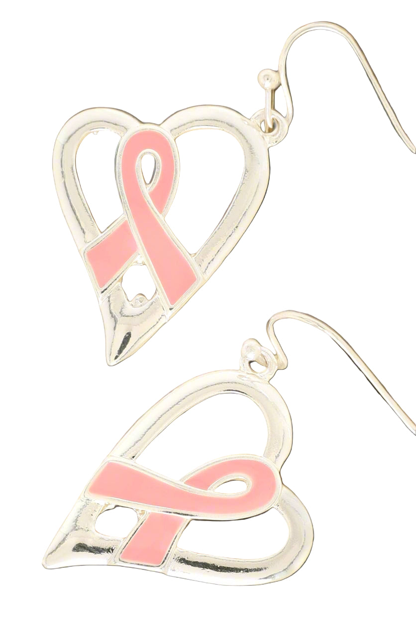 Breast Awareness Cancer Pink Ribbon Heart Earrings