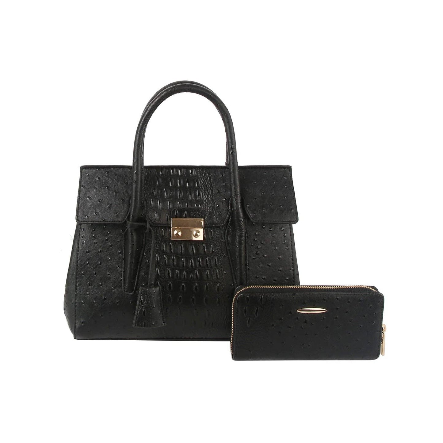 2 in 1 crocodile texture matching top handle bag and purse set: Black