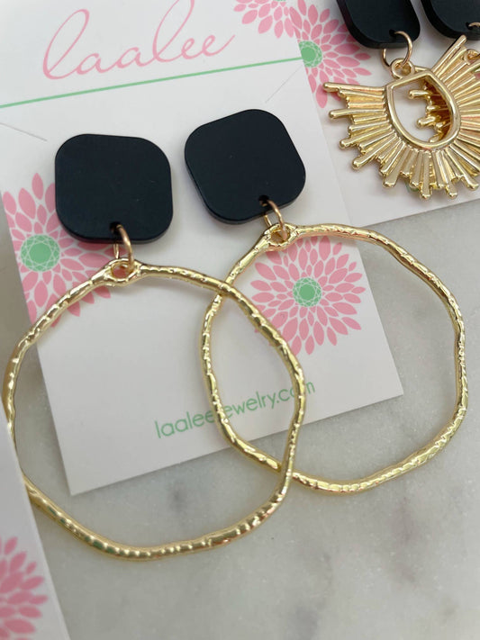 Black and Gold Earrings, Stud Statement Gameday Jewelry: Round hoop