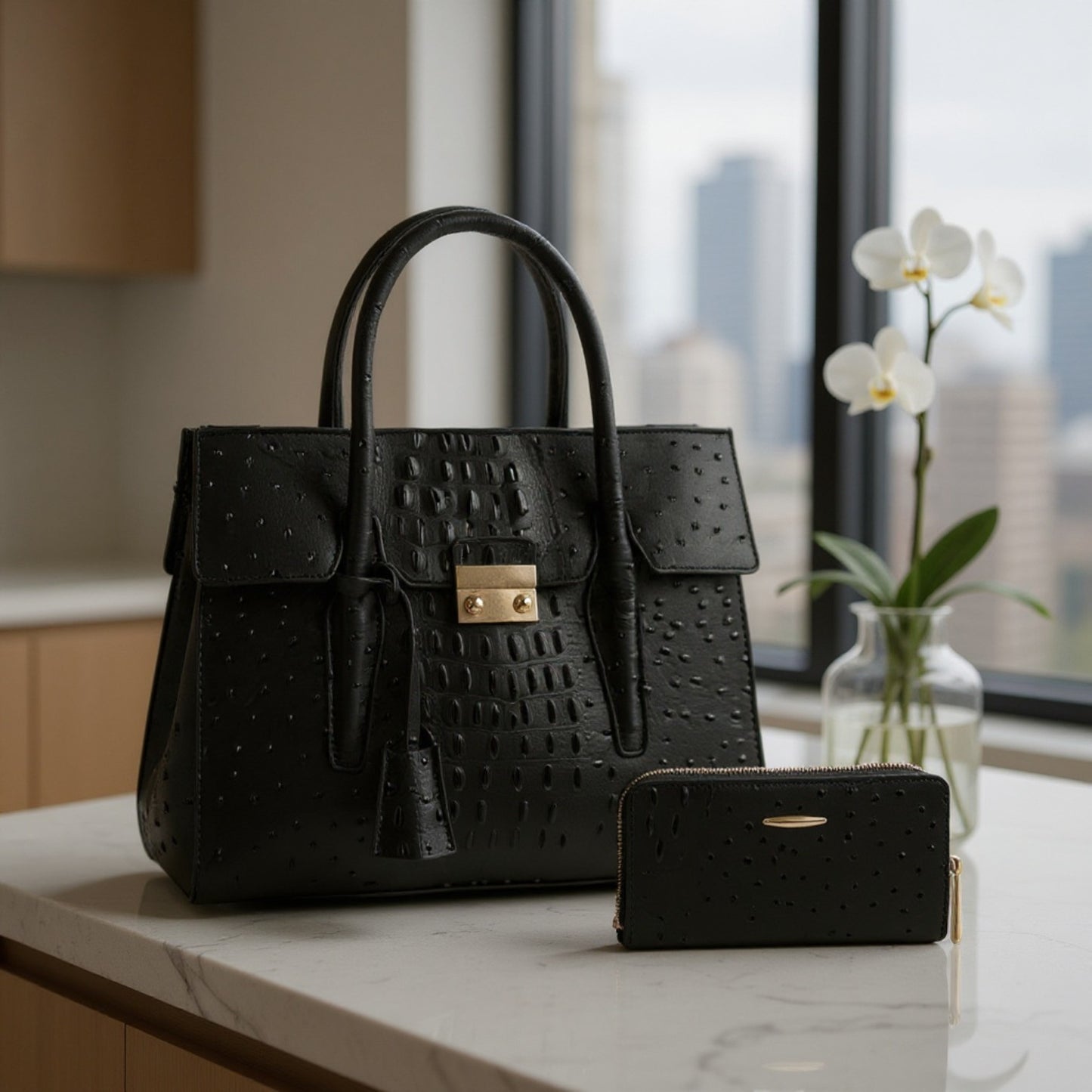 2 in 1 crocodile texture matching top handle bag and purse set: Black