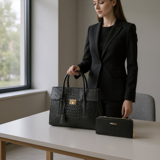 2 in 1 crocodile texture matching top handle bag and purse set: Black