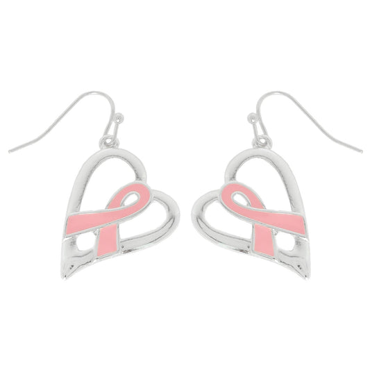 Breast Awareness Cancer Pink Ribbon Heart Earrings