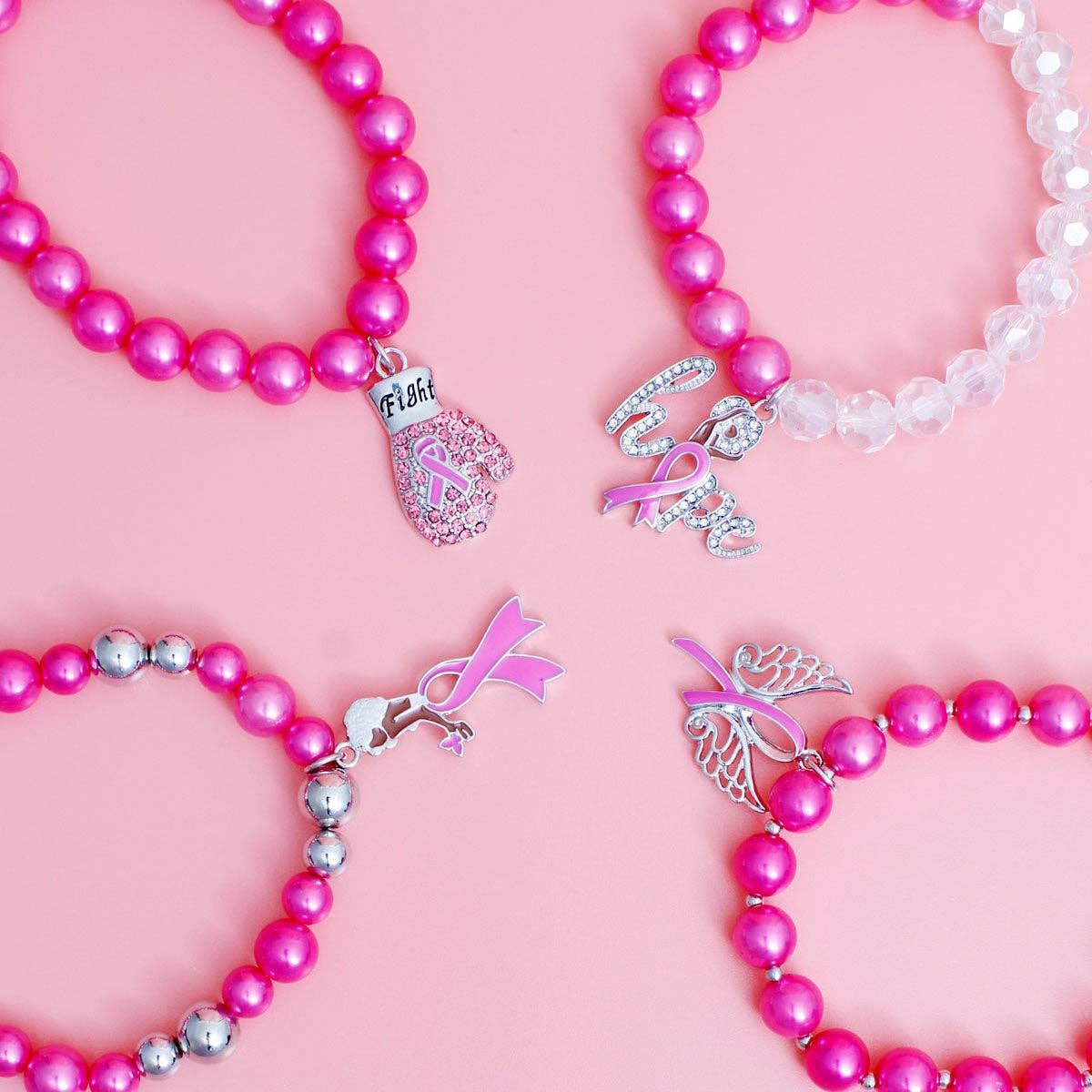 Pink Pearl Cancer Charm Bracelets: Pink / Pearl / Stretch to Fit