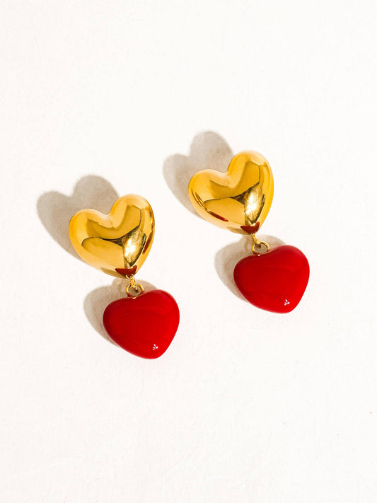 18K Gold Non-Tarnish Vintage Heart Earring: Red