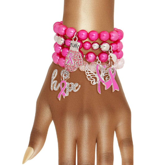 Pink Pearl Cancer Charm Bracelets: Pink / Pearl / Stretch to Fit