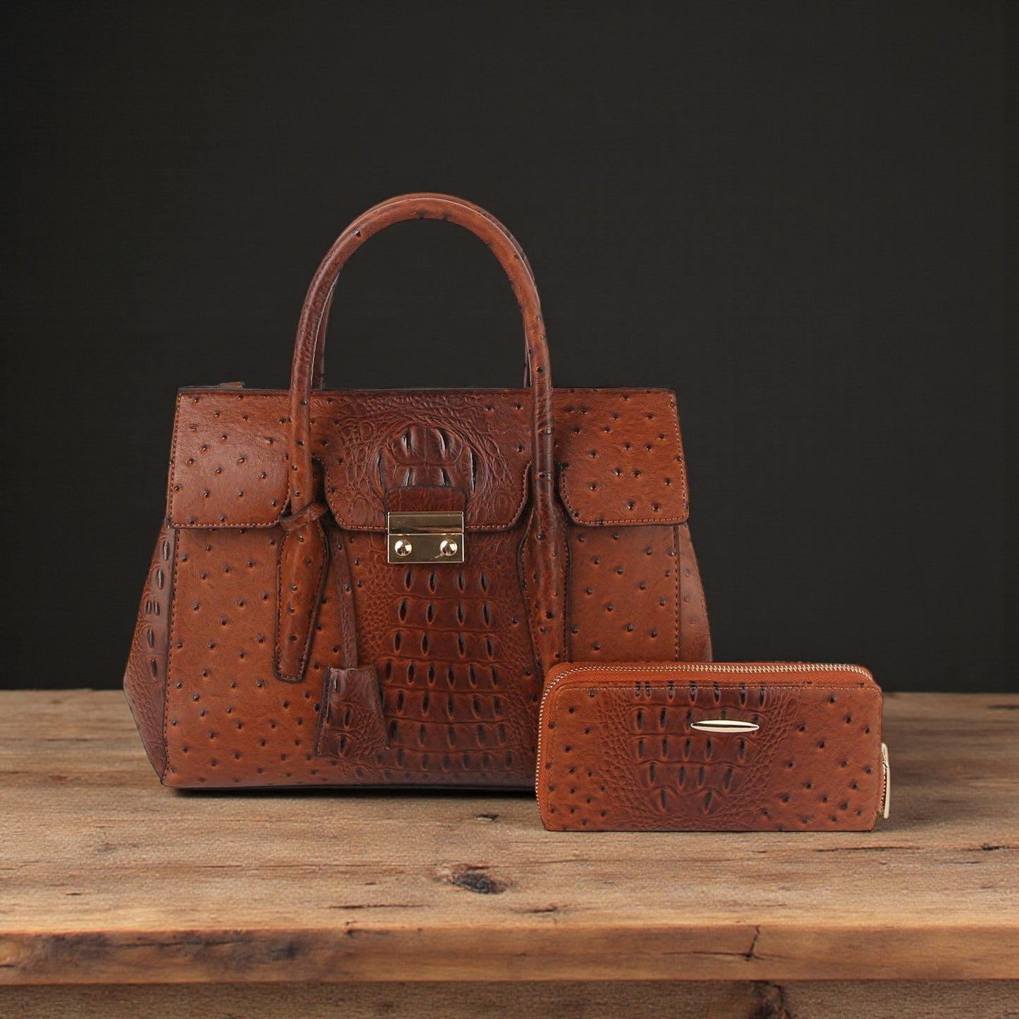 2 in 1 crocodile texture matching top handle bag and purse set: Cognac