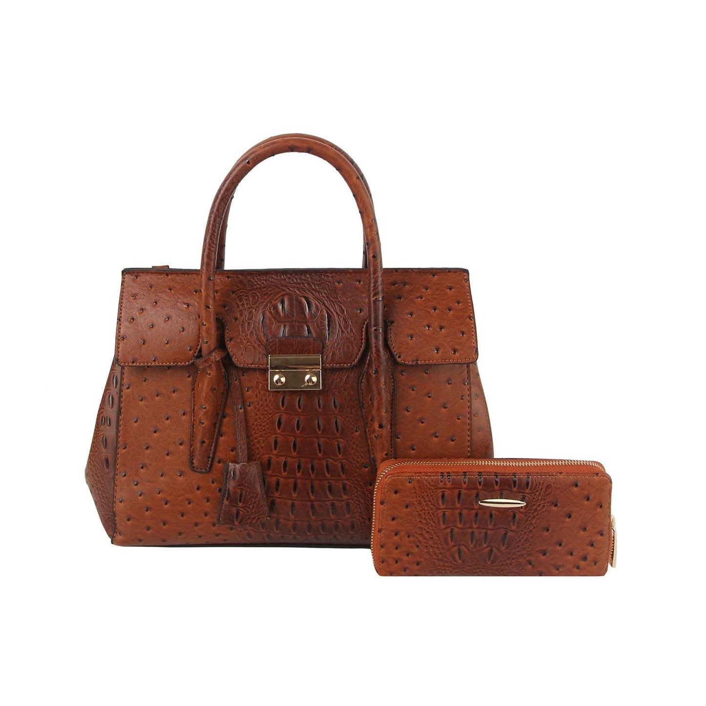 2 in 1 crocodile texture matching top handle bag and purse set: Cognac