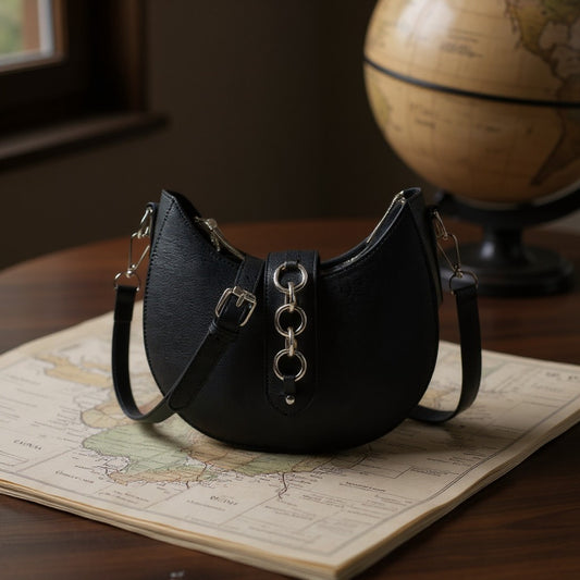 Half-Moon Crossbody w/ Metal Ring: Black