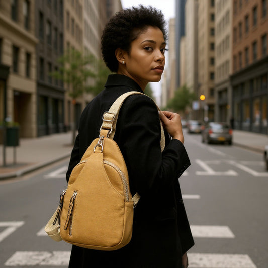 Faux Suede Dual Compartment Sling Pack Bag: Mustard